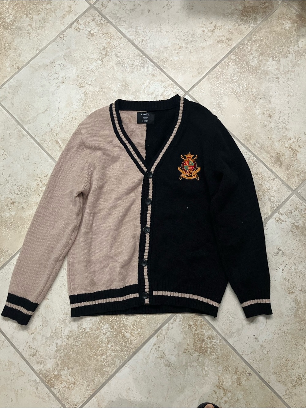 Rue21 Two-Tone Black and Tan V-Neck Cardigan with Embroidered Crest